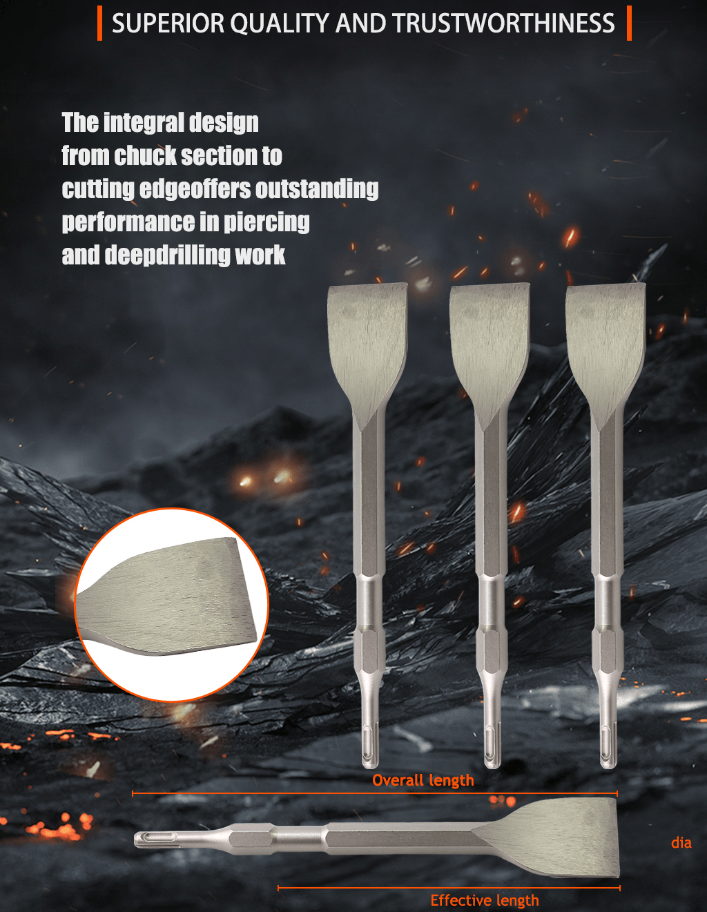 Long hexagonal flat chisel