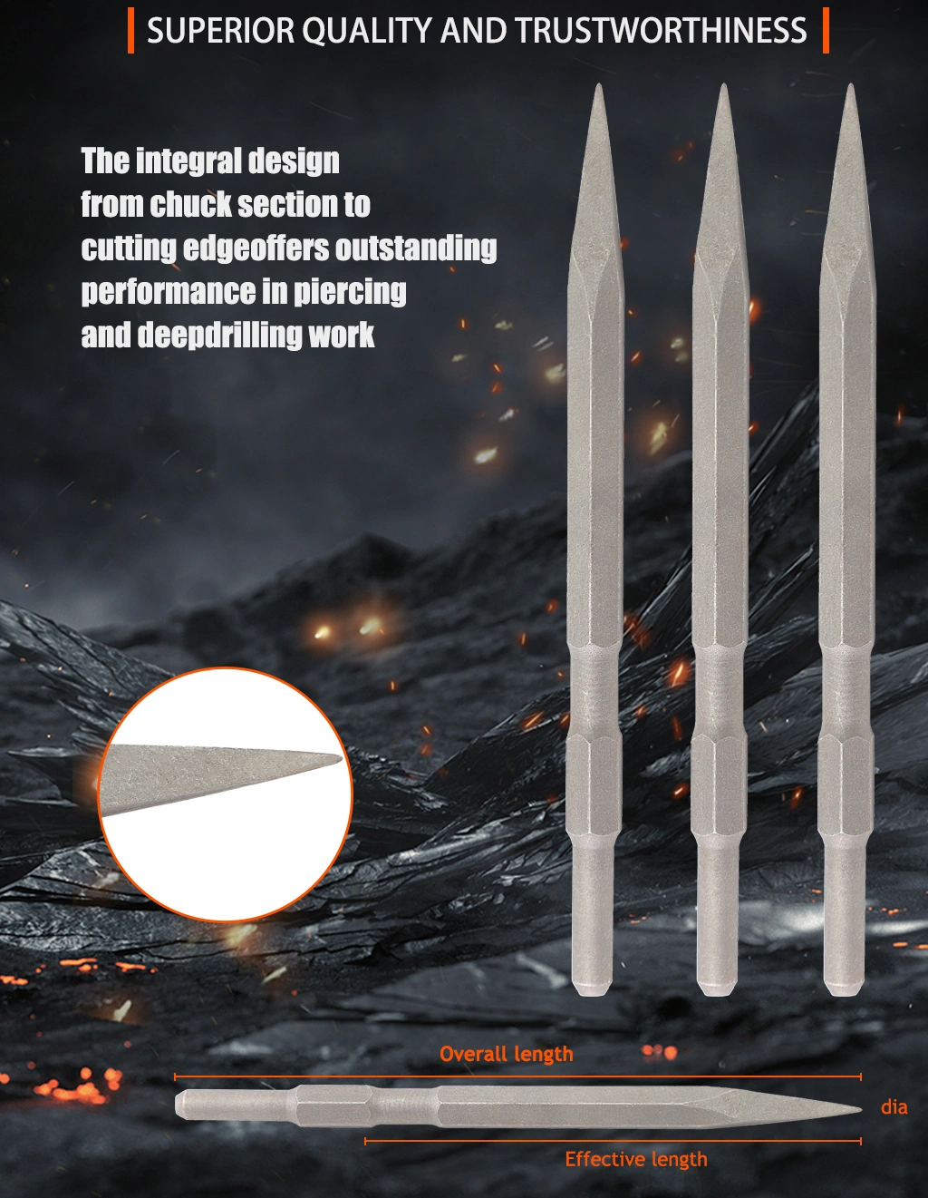 Long hexagonal tip chisel