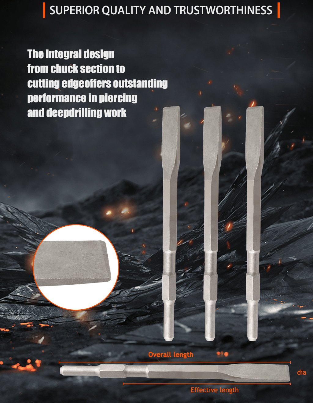 Long hexagonal hook chisel